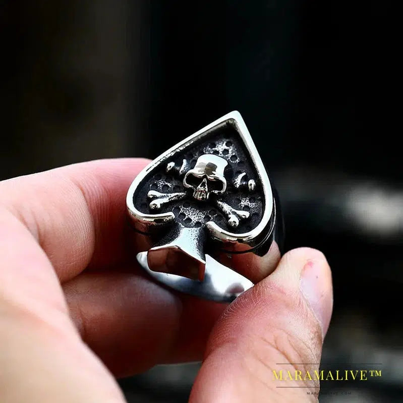 Gothic Design Spades Poker Card Ring Skull Bite Rose Couple Fashion Lovers Gift Men's Jewelry