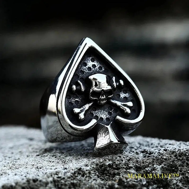 Gothic Design Spades Poker Card Ring Skull Bite Rose Couple Fashion Lovers Gift Men's Jewelry