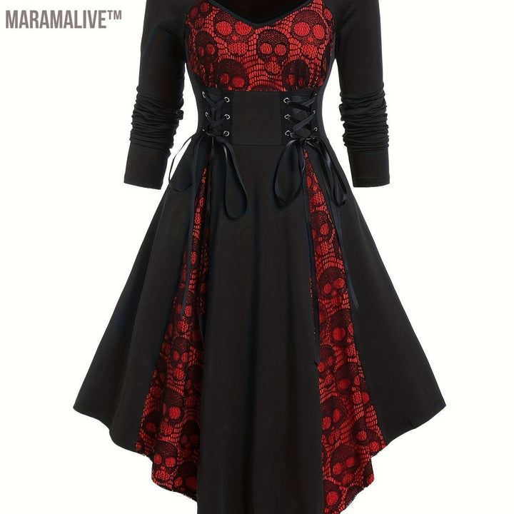 Gothic Dress Colorblock Skull Lace Godet Dress Lace Up Pointed Hem Midi Dress, Women's Clothings