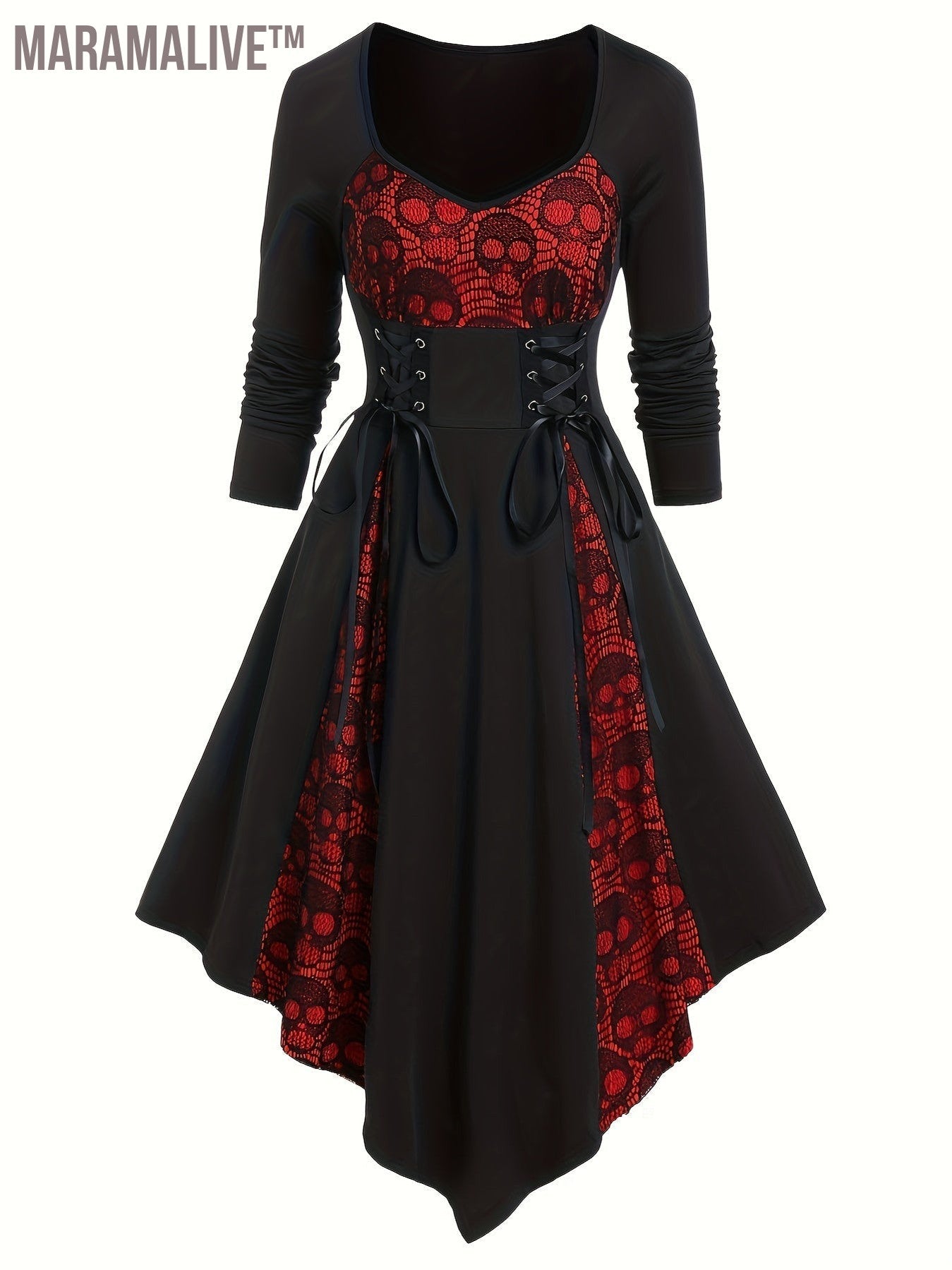 Gothic Dress Colorblock Skull Lace Godet Dress Lace Up Pointed Hem Midi Dress, Women's Clothings