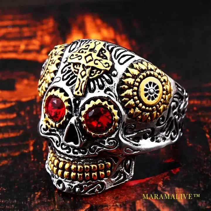 Gothic Gold Color Carving kapala skull Ring Biker Hiphop rock Jewelry Unique fashion Gift for men