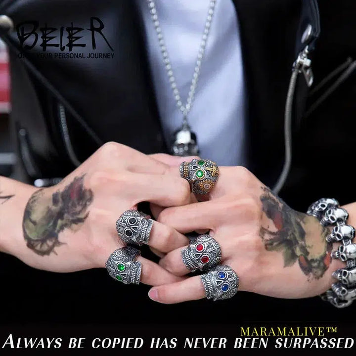 Gothic Gold Color Carving kapala skull Ring Biker Hiphop rock Jewelry Unique fashion Gift for men