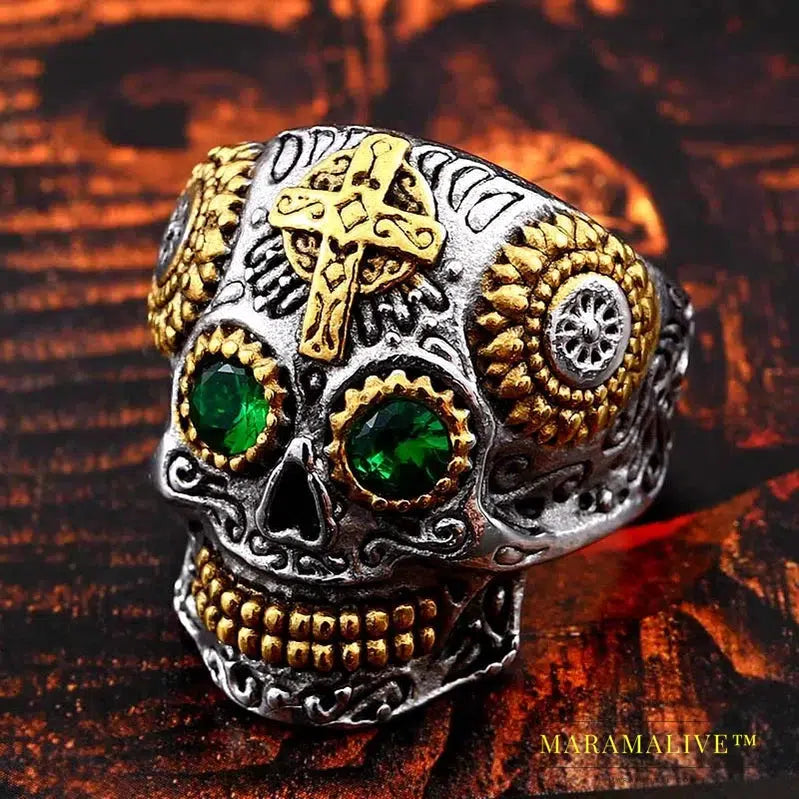 Gothic Gold Color Carving kapala skull Ring Biker Hiphop rock Jewelry Unique fashion Gift for men