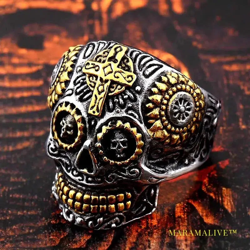 Gothic Gold Color Carving kapala skull Ring Biker Hiphop rock Jewelry Unique fashion Gift for men