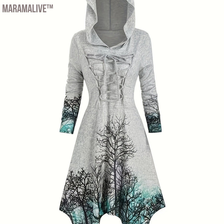 Gothic Graphic Print Drawstring Hooded Dress, Casual Long Sleeve Dress For Spring & Fall, Women's Clothing