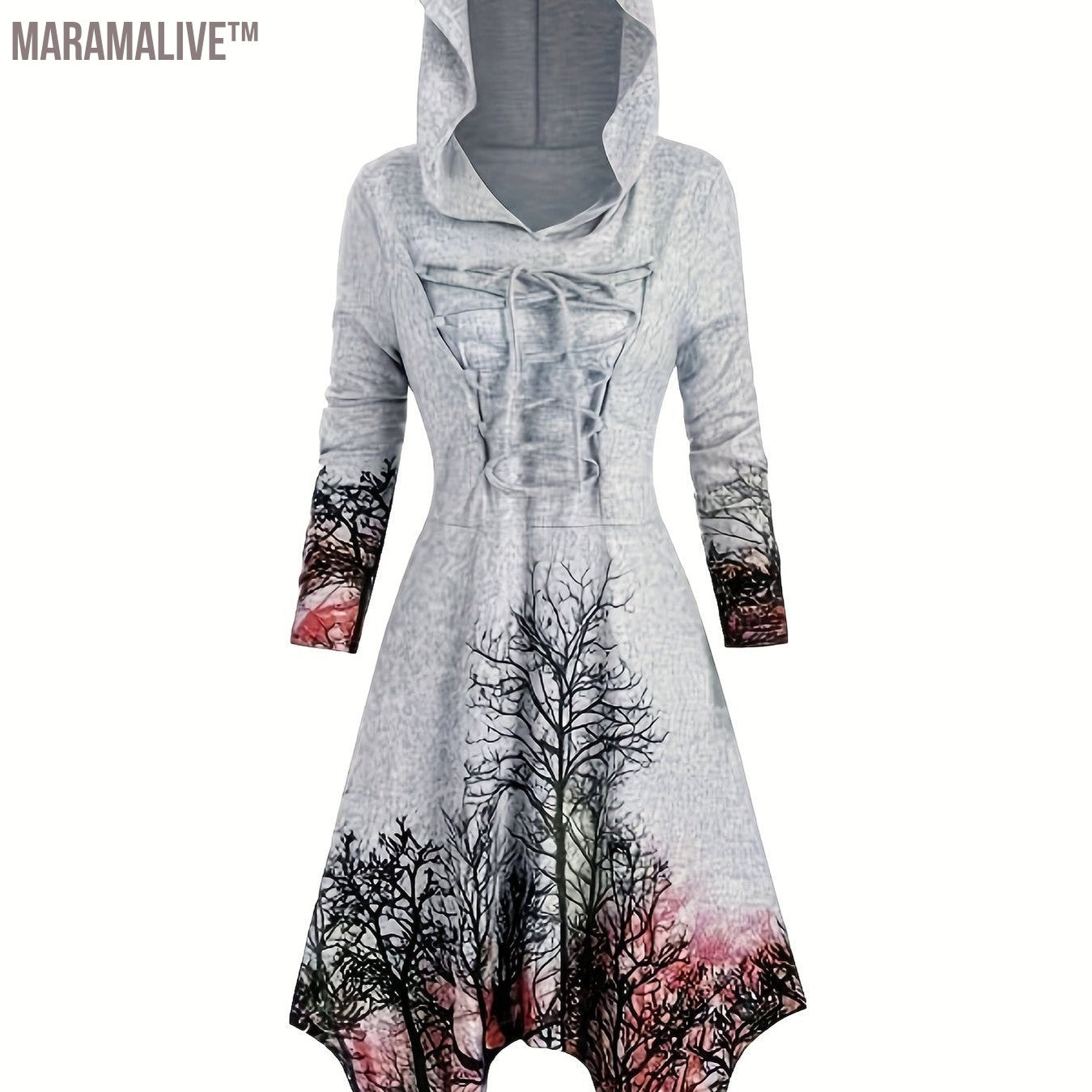 Gothic Graphic Print Drawstring Hooded Dress, Casual Long Sleeve Dress For Spring & Fall, Women's Clothing