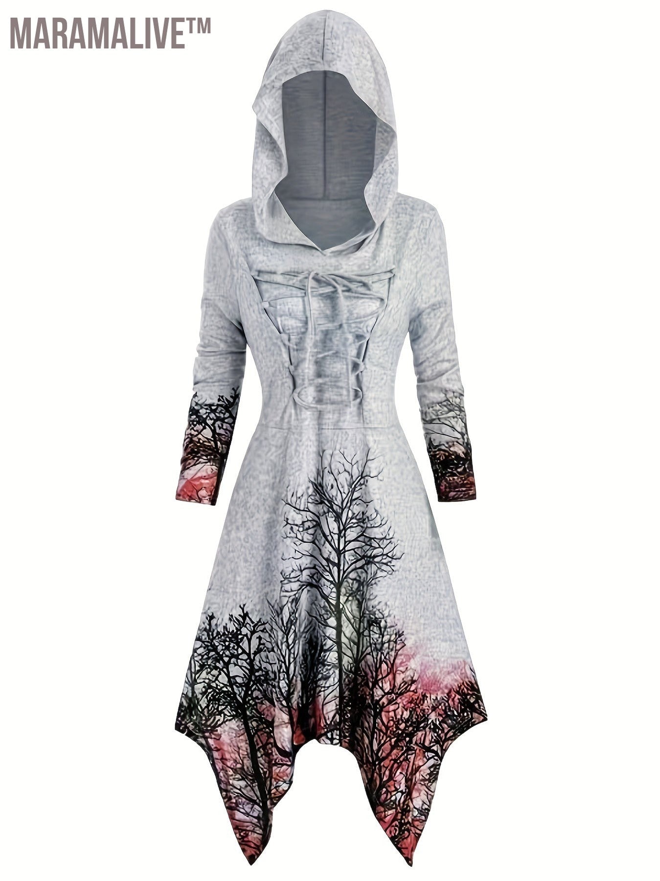 Gothic Graphic Print Drawstring Hooded Dress, Casual Long Sleeve Dress For Spring & Fall, Women's Clothing