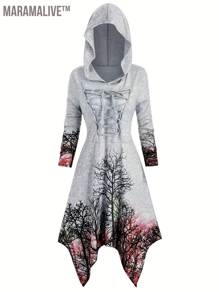 Gothic Graphic Print Drawstring Hooded Dress, Casual Long Sleeve Dress For Spring & Fall, Women's Clothing