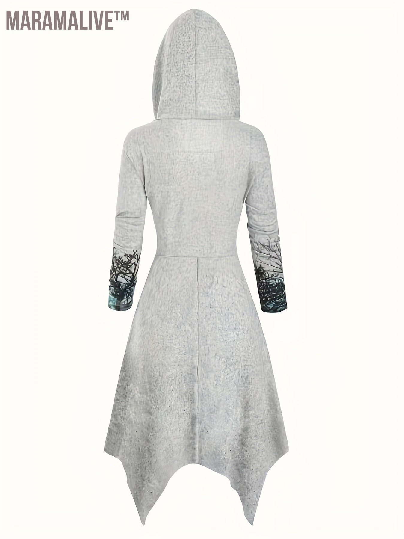 Gothic Graphic Print Drawstring Hooded Dress, Casual Long Sleeve Dress For Spring & Fall, Women's Clothing