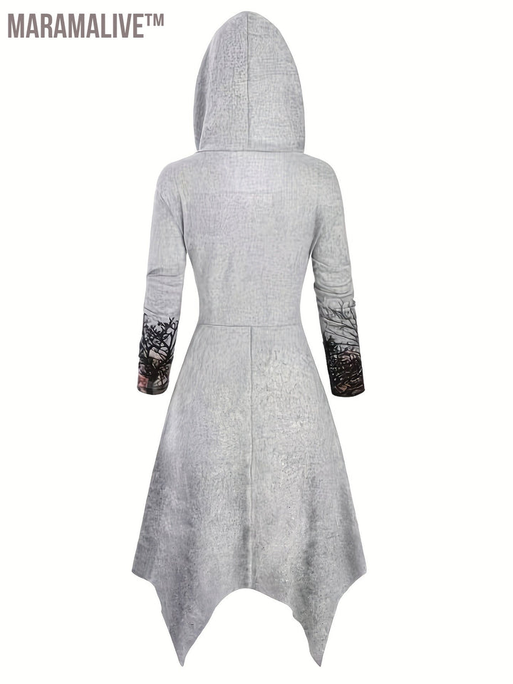 Gothic Graphic Print Drawstring Hooded Dress, Casual Long Sleeve Dress For Spring & Fall, Women's Clothing