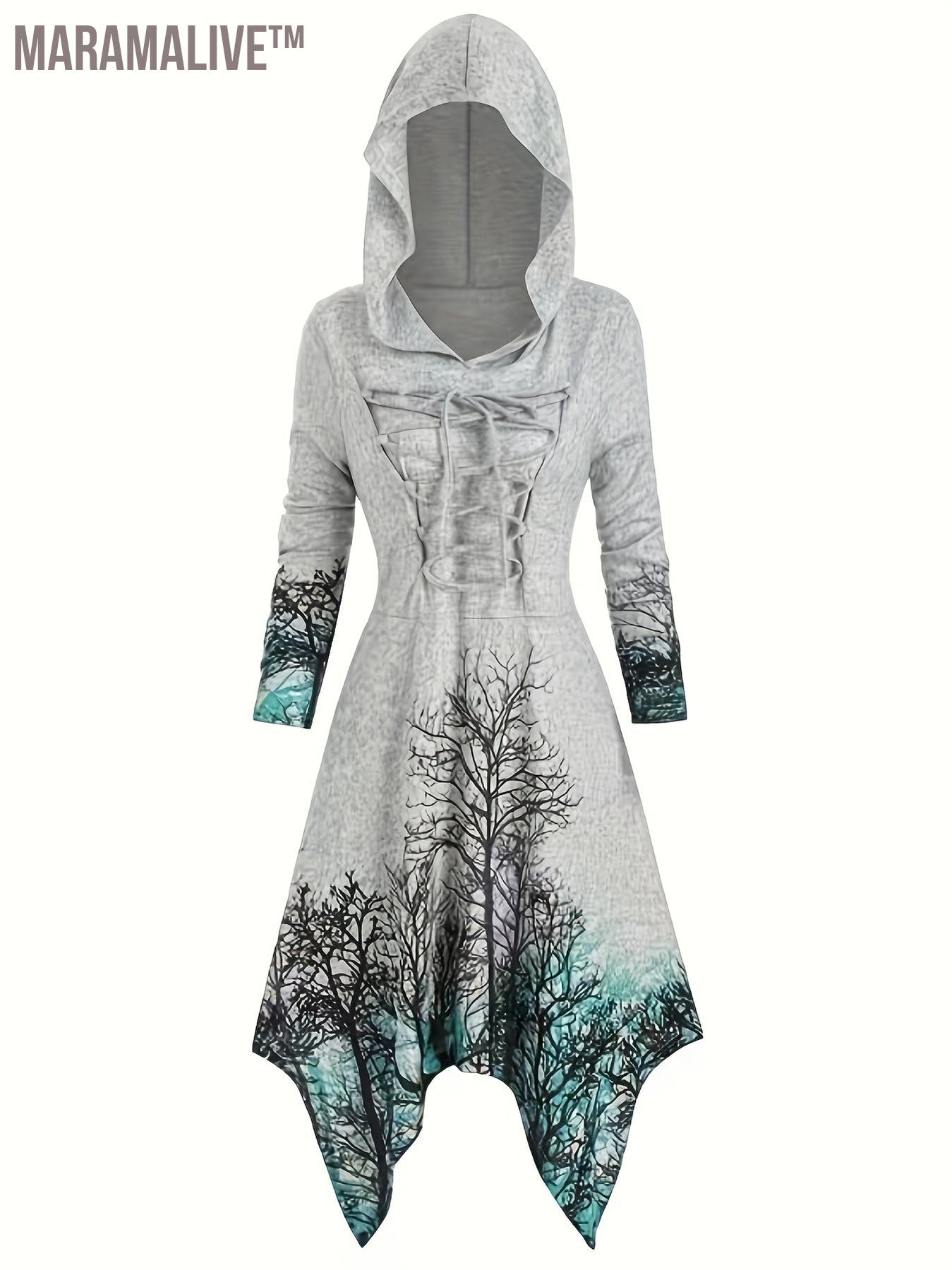 Gothic Graphic Print Drawstring Hooded Dress, Casual Long Sleeve Dress For Spring & Fall, Women's Clothing