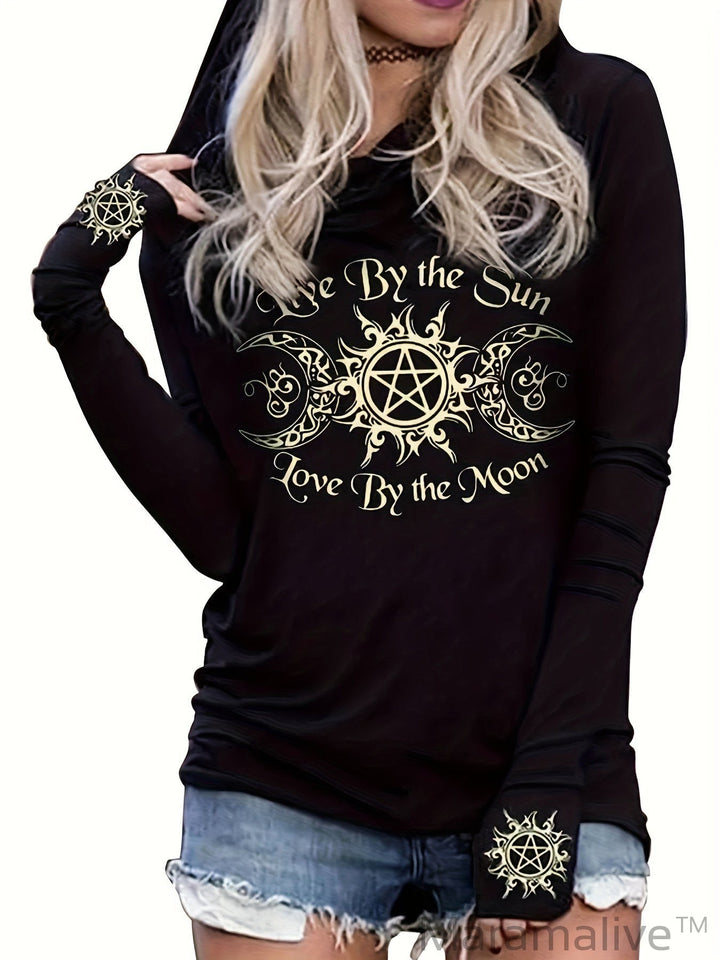 Gothic Graphic Print Hooded T-shirt, Casual Long Sleeve T-shirt For Spring & Fall, Women's Clothing