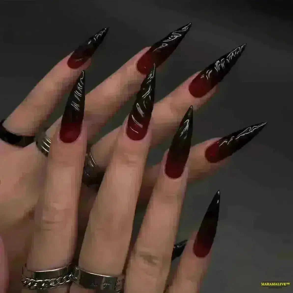 Gothic Halloween 3D Stiletto Press-On Nails - Long Horror Witch Inspired False Nails with Glossy Finish