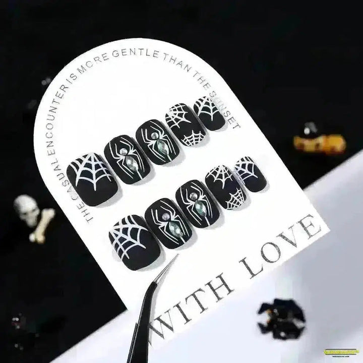 Gothic Halloween Spider/Web Black Fake Nails – Spooky FullCover Press-On Artificial Fingernails in Square/Coffin Shapes