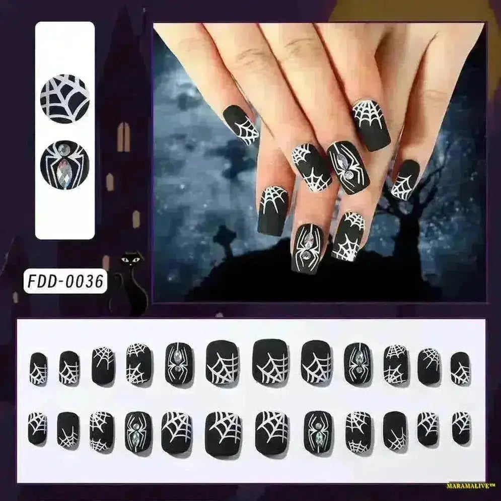 Gothic Halloween Spider/Web Black Fake Nails – Spooky FullCover Press-On Artificial Fingernails in Square/Coffin Shapes