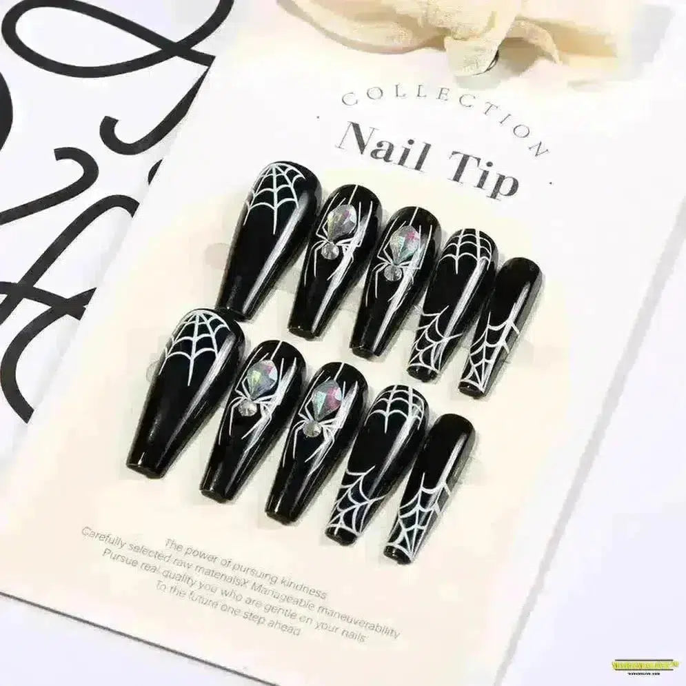 Gothic Halloween Spider/Web Black Fake Nails – Spooky FullCover Press-On Artificial Fingernails in Square/Coffin Shapes