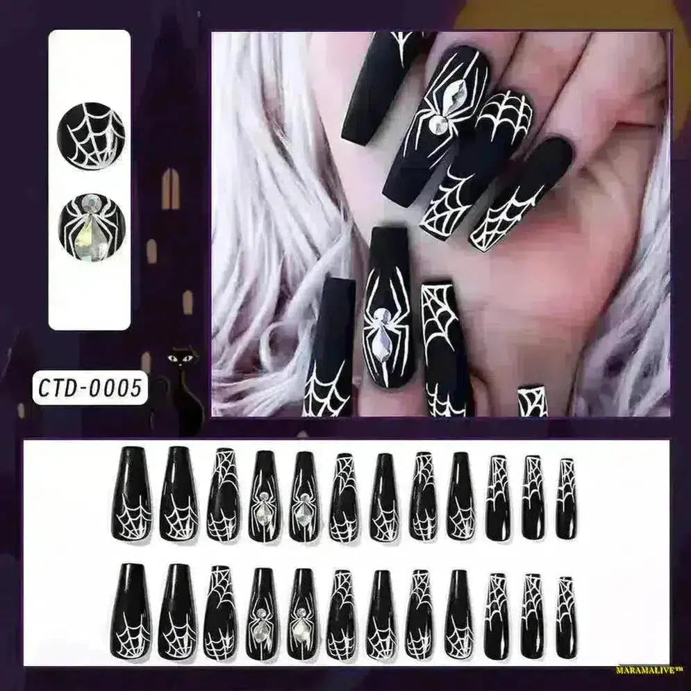 Gothic Halloween Spider/Web Black Fake Nails – Spooky FullCover Press-On Artificial Fingernails in Square/Coffin Shapes