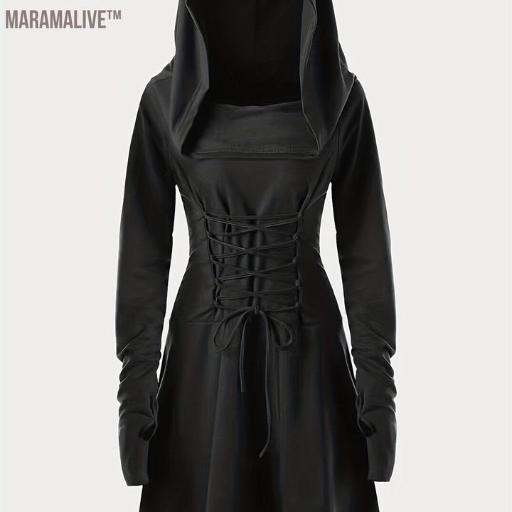 Gothic Hooded Cosplay Dress, Long Sleeve Dress For Halloween, Party, Performance, Women's Clothing