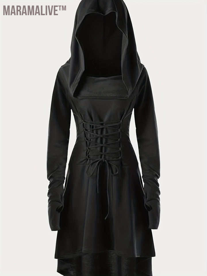 Gothic Hooded Cosplay Dress, Long Sleeve Dress For Halloween, Party, Performance, Women's Clothing