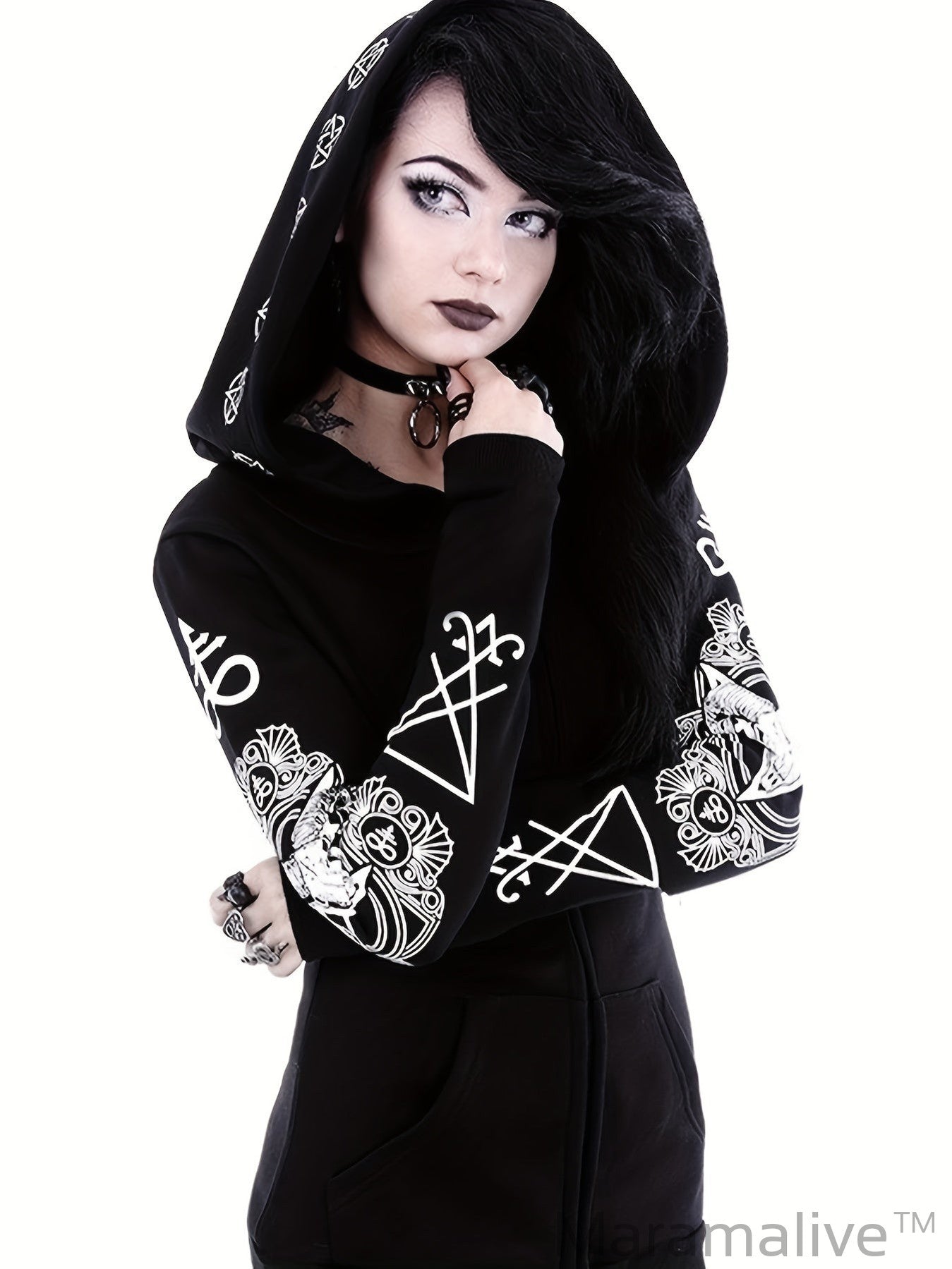 Gothic Hoodie Sun Moon Print Sweatshirt, Black Punk Goth Clothes Long Sleeve Hooded Cardigan Zipper, Women's Clothing