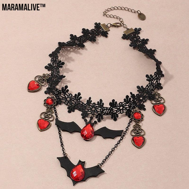 Gothic Jewelry Red Bat Halloween Necklace Lace Choker