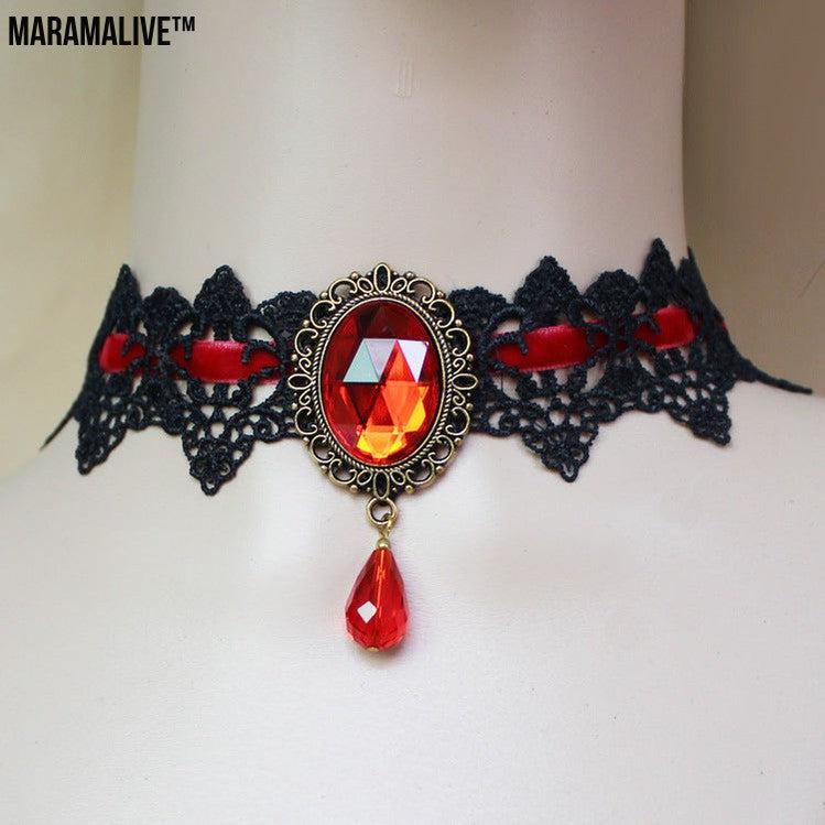 Gothic Jewelry Red Bat Halloween Necklace Lace Choker