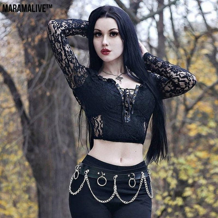 Gothic Lace Bandage Top Black Retro Sexy Perspective Long Sleeve T-Shirt Women