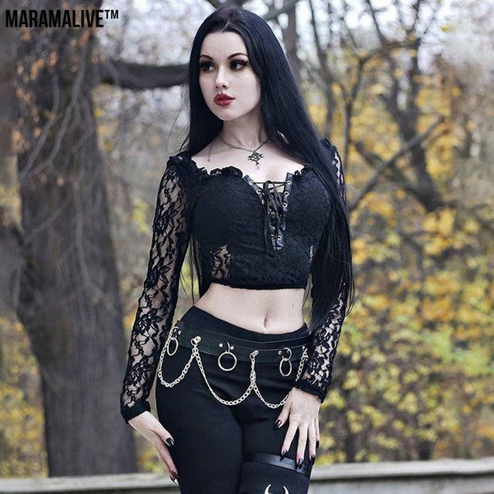 Gothic Lace Bandage Top Black Retro Sexy Perspective Long Sleeve T-Shirt Women