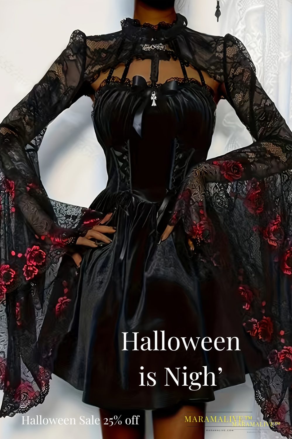 Gothic Lace Open Front Cape with Flare Sleeves, Women's Crop Shawl Top for Party & Cosplay