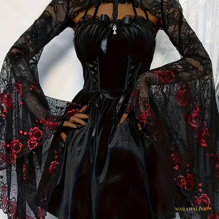 Gothic Lace Open Front Cape with Flare Sleeves, Women's Crop Shawl Top for Party & Cosplay