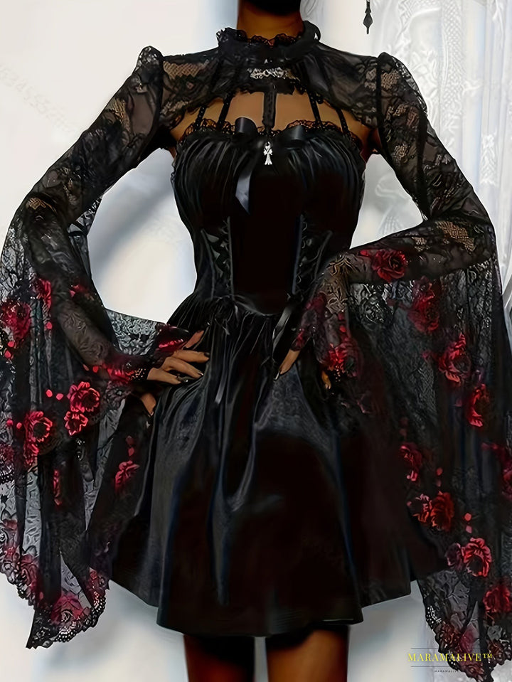 Gothic Lace Open Front Cape with Flare Sleeves, Women's Crop Shawl Top for Party & Cosplay