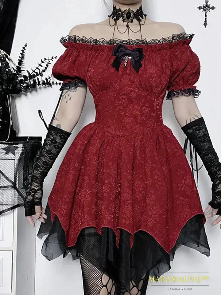 Gothic Lace Puff Sleeve Dress - Dark Romantic Style