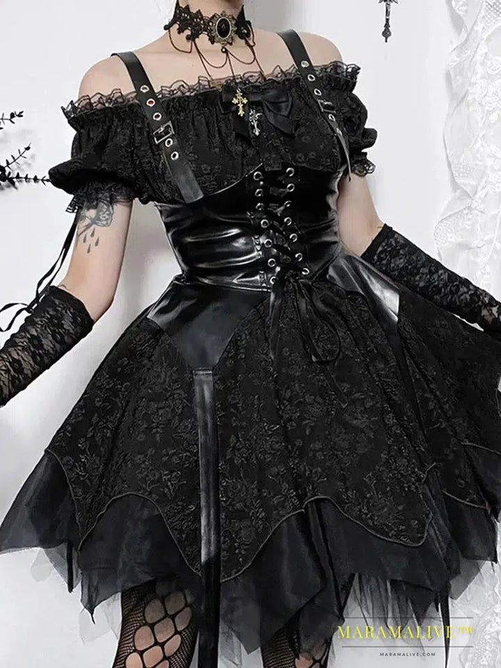 Gothic Lace Puff Sleeve Dress - Dark Romantic Style