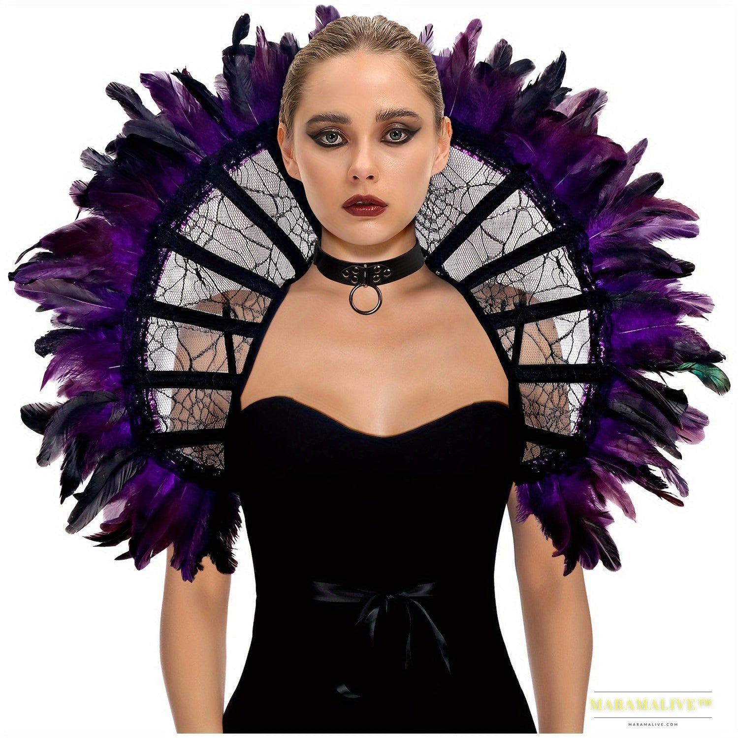 Gothic Lace Stand Up Collar Black Mesh Boned Queen Collar with Feather Shoulder Shrug Medieval Halloween Costume