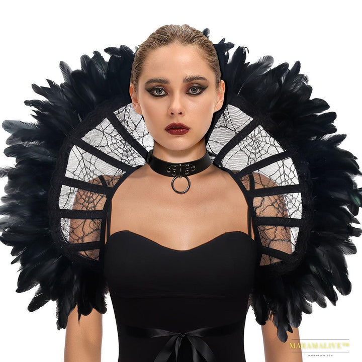 Gothic Lace Stand Up Collar Black Mesh Boned Queen Collar with Feather Shoulder Shrug Medieval Halloween Costume