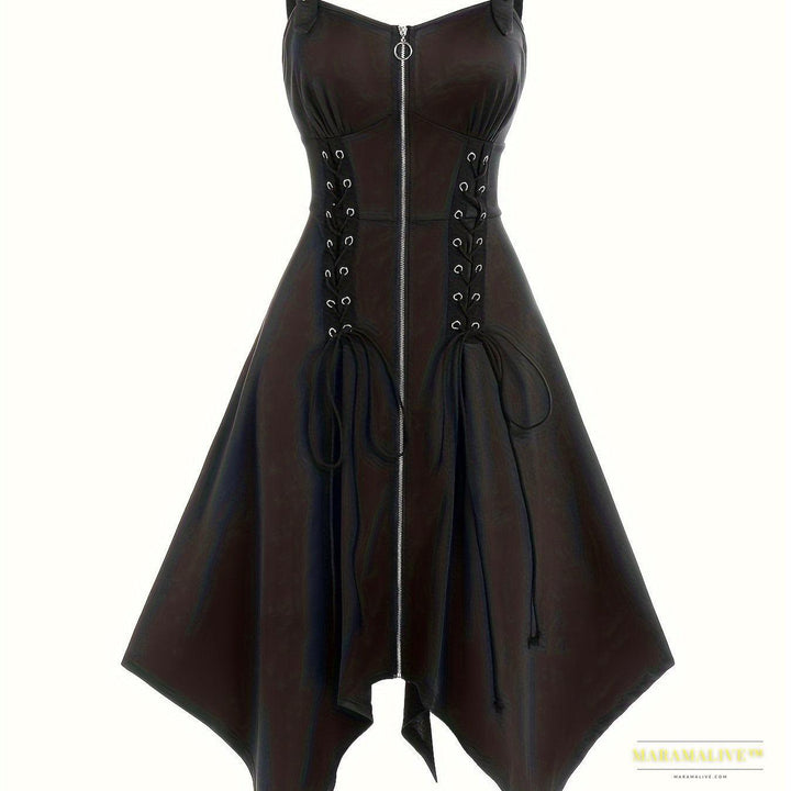 Gothic Lace-Up Strap Sleeveless Dress with Irregular Hem, Women's Casual Dress