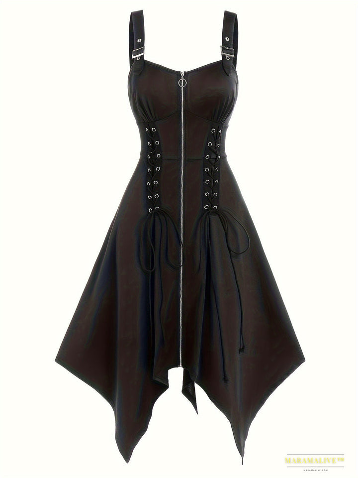 Gothic Lace-Up Strap Sleeveless Dress with Irregular Hem, Women's Casual Dress