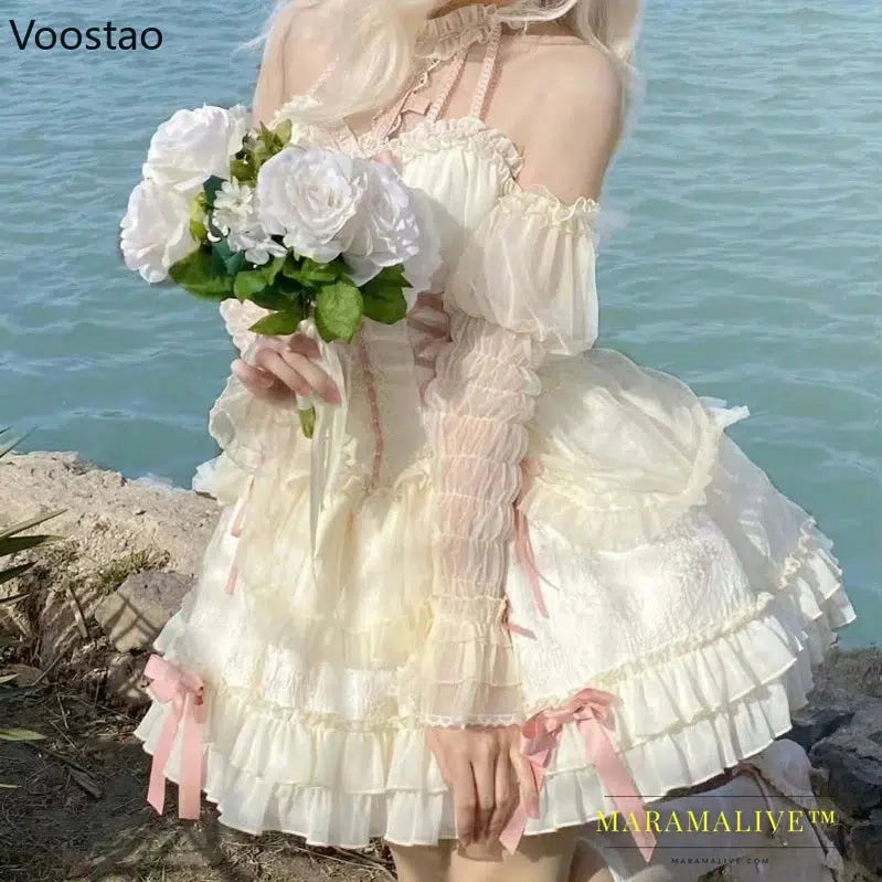 Gothic Lolita Princess Dress Women Sweet Bowknot Cross Lace Ruffles Evening Party Dresses Y2k Bandage Vestidos