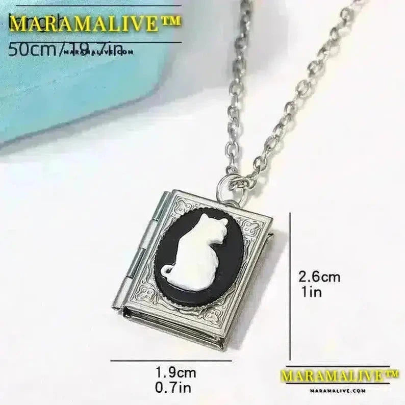 Gothic Noble Cameo White Cat Pendant Necklace Cat Book Pendant Necklace Earrings Teen Girls Party Jewelry Accessories