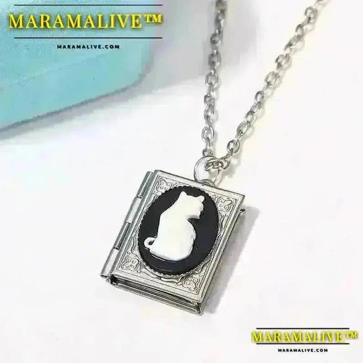 Gothic Noble Cameo White Cat Pendant Necklace Cat Book Pendant Necklace Earrings Teen Girls Party Jewelry Accessories