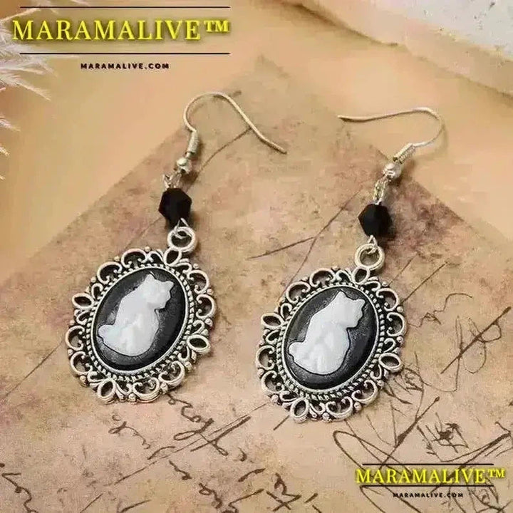 Gothic Noble Cameo White Cat Pendant Necklace Cat Book Pendant Necklace Earrings Teen Girls Party Jewelry Accessories