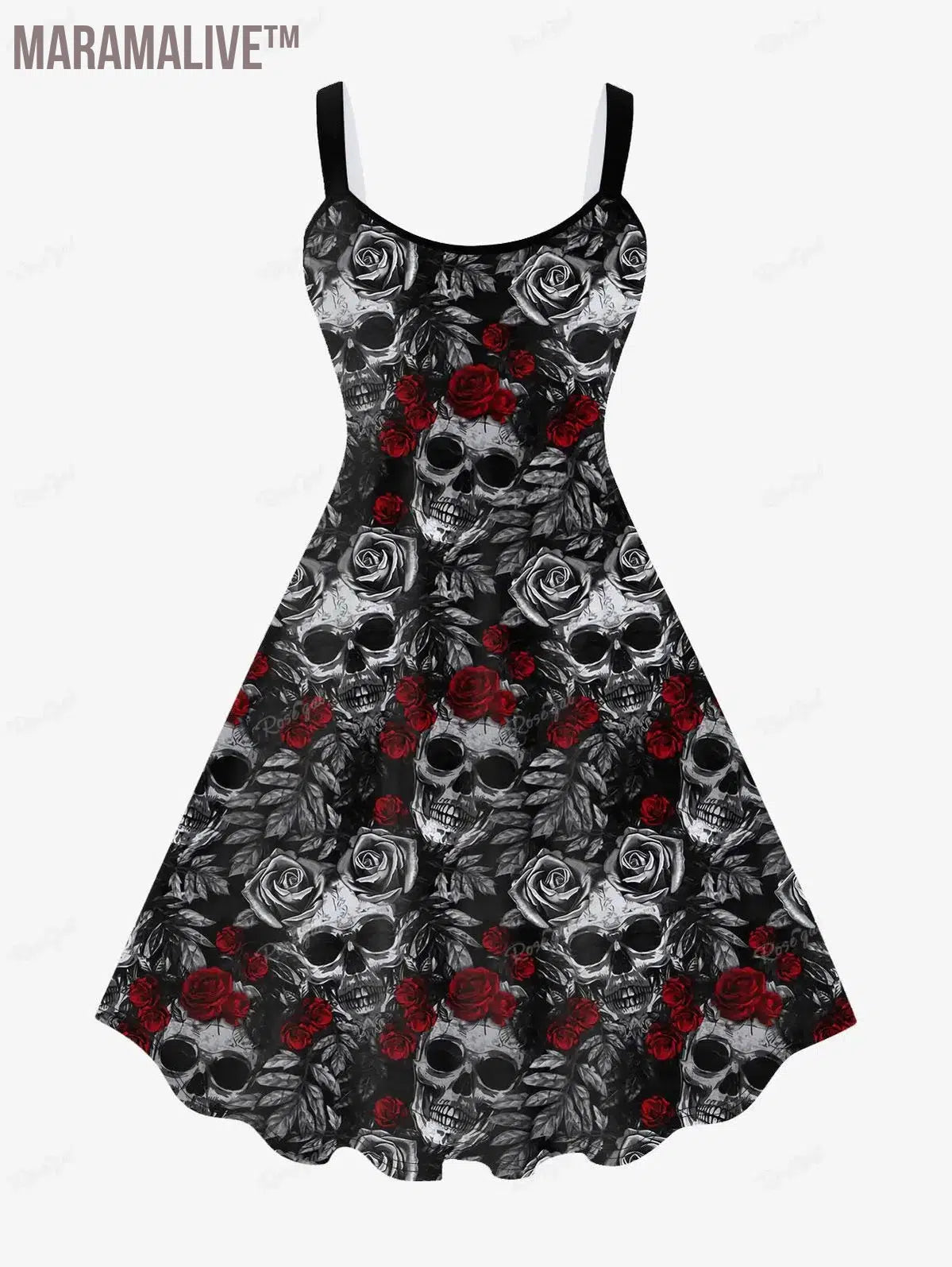 Gothic Printed Sleeveless Dress Women's Plus Size Spring,Summer Vestidos Skull Rose Graphic Dresses 5XL