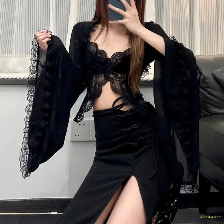 Gothic Punk Dark Lace Blouse Smocks Lolita Camisole Goth Long Flared Sleeve Shawls Y2k Ponchos Tops Matching Dress New Summer