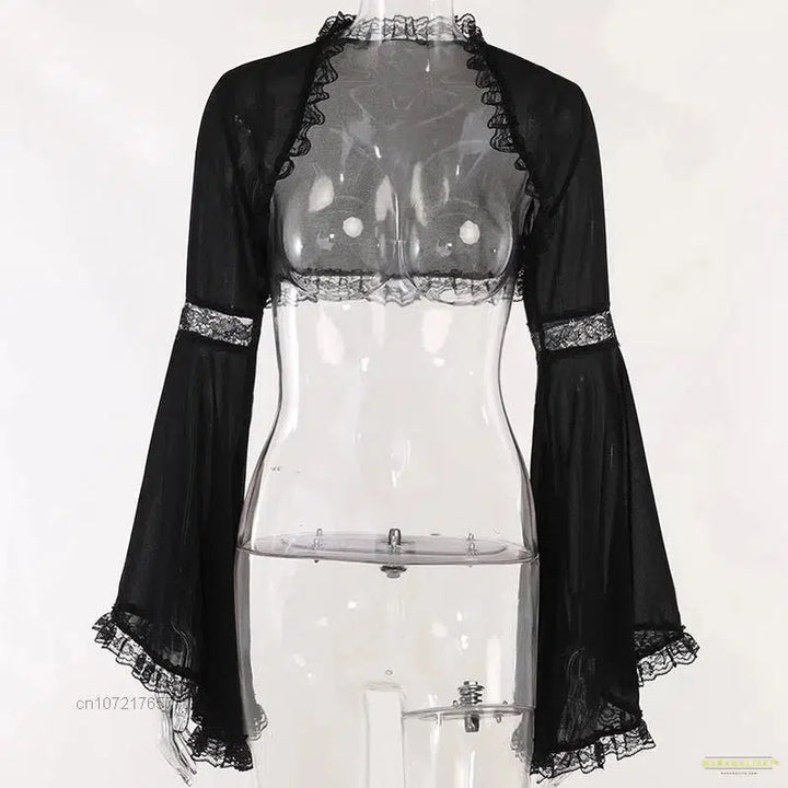 Gothic Punk Dark Lace Blouse Smocks Lolita Camisole Goth Long Flared Sleeve Shawls Y2k Ponchos Tops Matching Dress New Summer