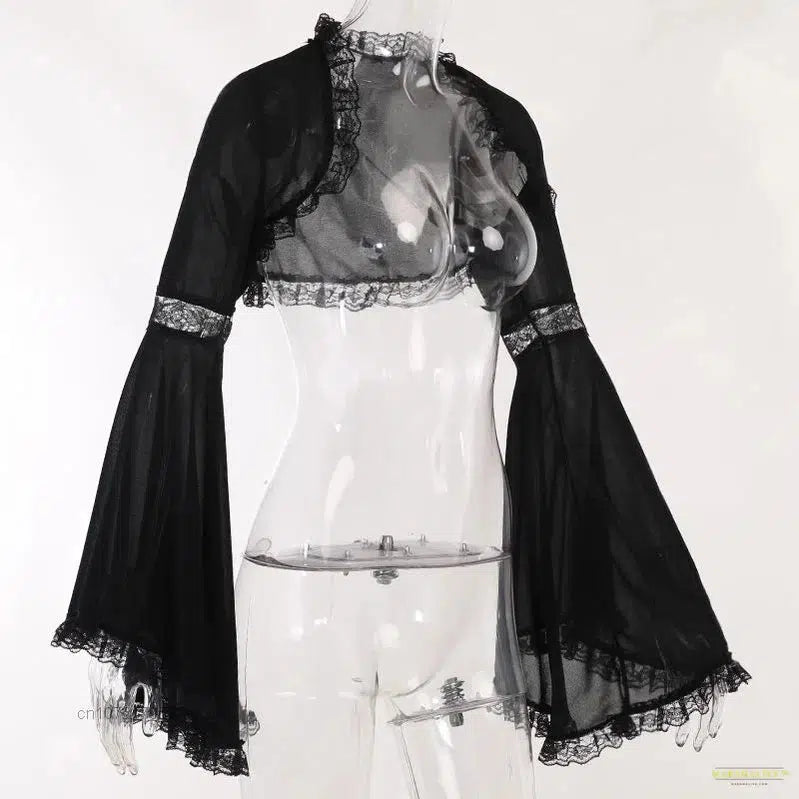 Gothic Punk Dark Lace Blouse Smocks Lolita Camisole Goth Long Flared Sleeve Shawls Y2k Ponchos Tops Matching Dress New Summer