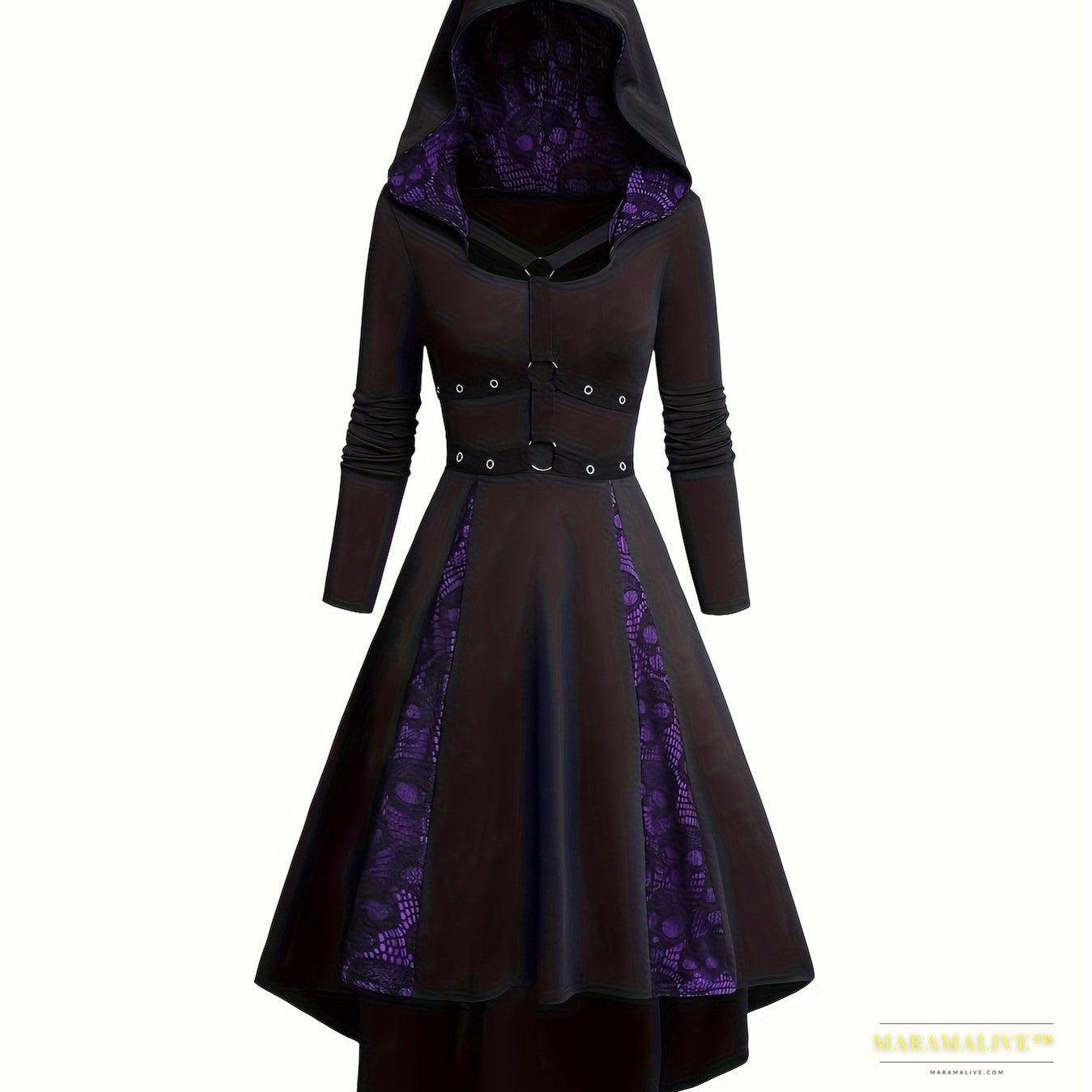 Gothic Punk Long Sleeve Lace Dress with Cape and Eyelet Detailing