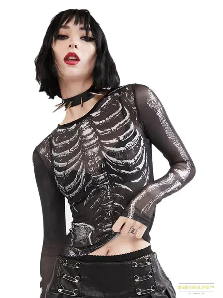 Gothic Punk Shirt 2000s Women Skeleton Pattern Round Neck Long Sleeve Crop Top Black Dark Academia Clothes y2k Tees Streetwear