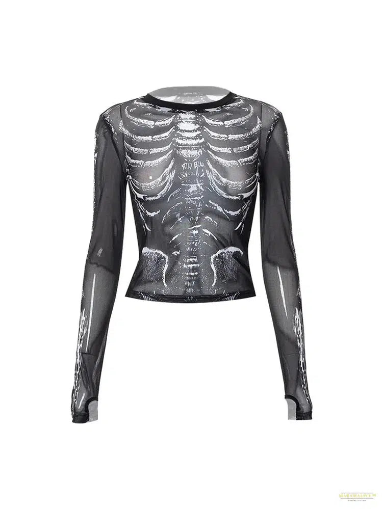 Gothic Punk Shirt 2000s Women Skeleton Pattern Round Neck Long Sleeve Crop Top Black Dark Academia Clothes y2k Tees Streetwear