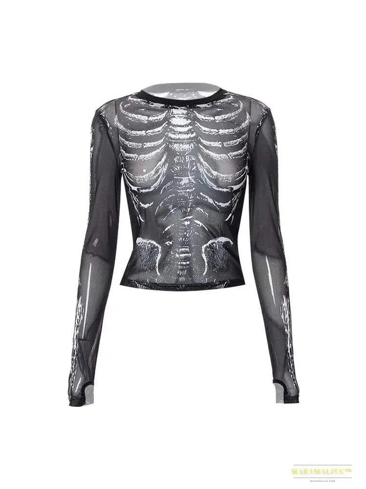 Gothic Punk Shirt 2000s Women Skeleton Pattern Round Neck Long Sleeve Crop Top Black Dark Academia Clothes y2k Tees Streetwear