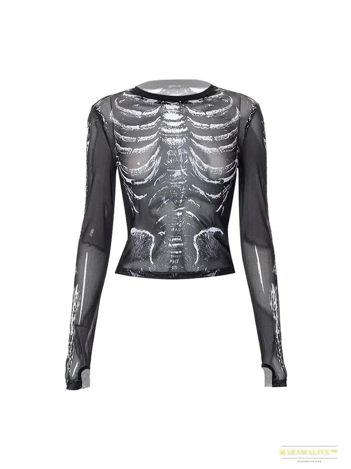 Gothic Punk Shirt 2000s Women Skeleton Pattern Round Neck Long Sleeve Crop Top Black Dark Academia Clothes y2k Tees Streetwear